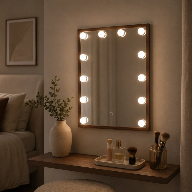 Frame LED sminkespeil vegg 51cm valnøtt