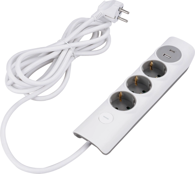 Skjøteledning 3-veis & USB porter hvit